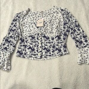 Free People White Blue Fitted Crop Blouse